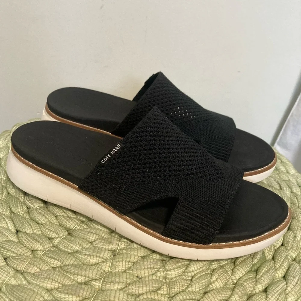 Cole Haan Zerogrand Global Stitchlite Slip On Sandal BLACK Knit/Pecan Leather